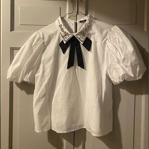 Zara collared white balloon sleeve top with jewels and bow
